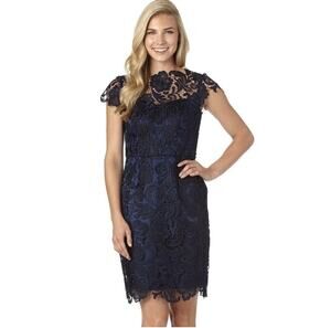 DECODE 1.8 Sheath Dress Sz 4 Womans Navy Blue Scalloped Floral Lace Cap Sleeve